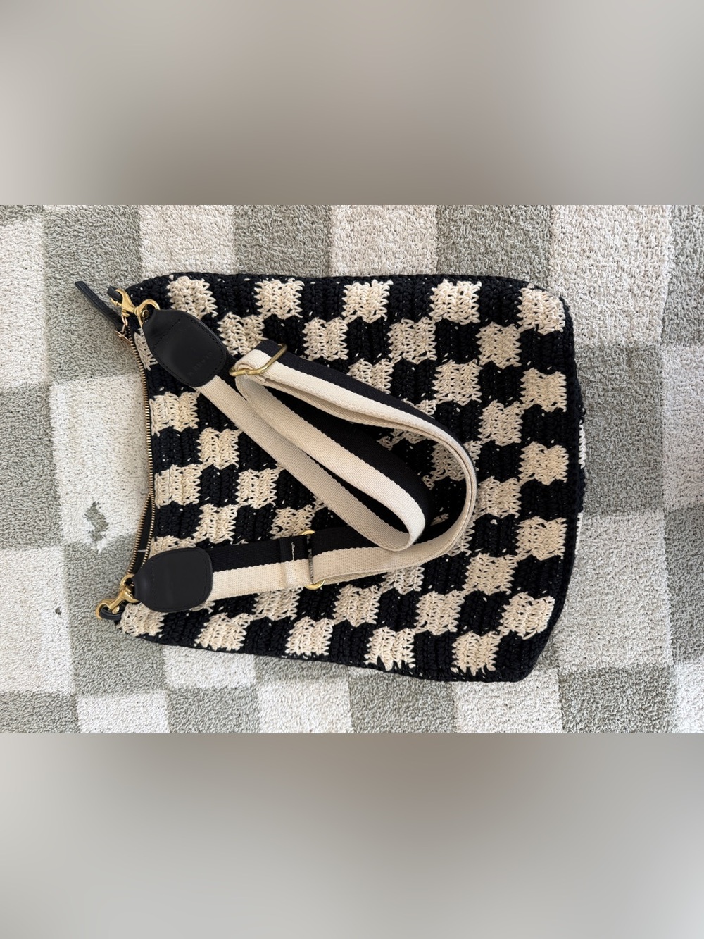 Chunky Check Crochet Crossbody Bag with Striped Strap - Black & Cream